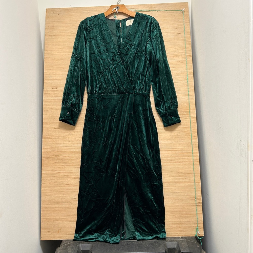 The Linen Atelier Forest Green Crushed Velvet Wrap Front Midi Dress Button Back
